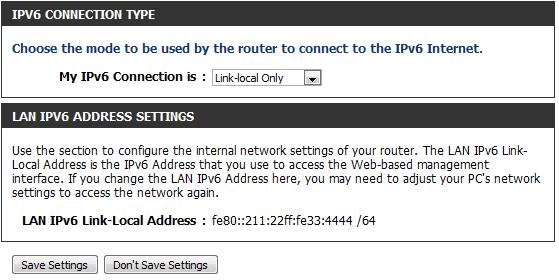 LAN IPv6 Address Settings: Displays the LAN IPv6 Link-Local address of the router.