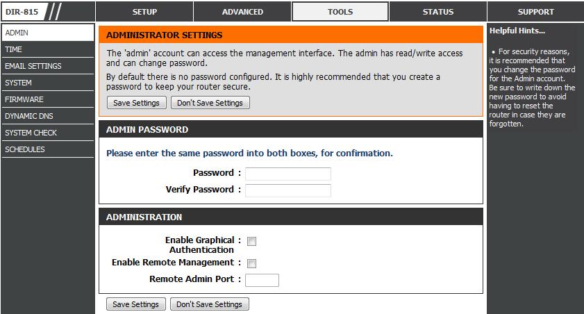 Tools Admin This page will allow you to change the Administrator password and configure the authentication settings. This window also allows you to enable Remote Management, via the Internet.