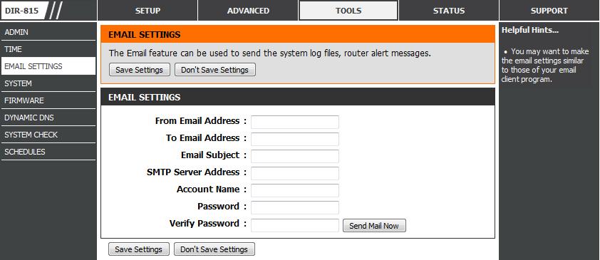 Email Settings The Email feature can be used to send the system log files and router alert messages to your email address.
