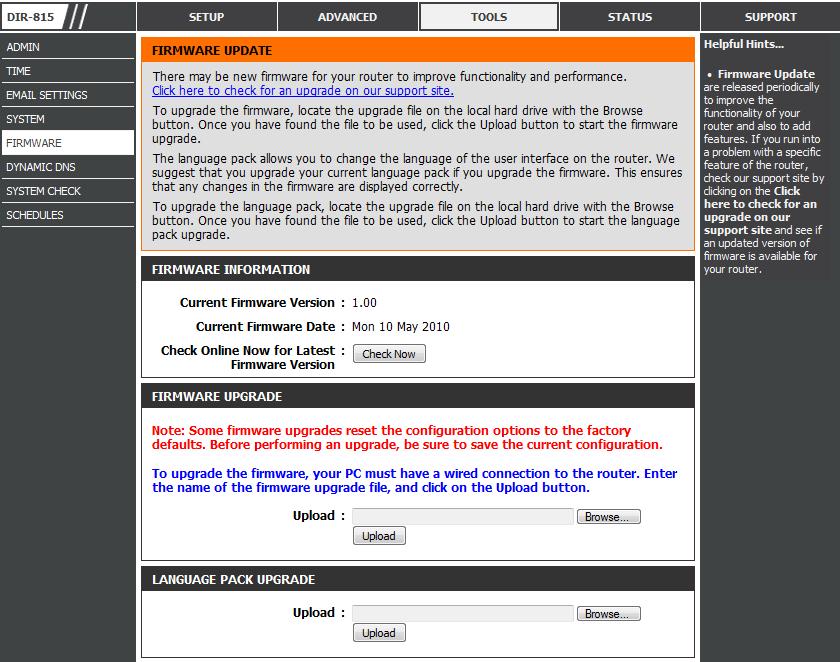 Firmware Information: Firmware Upgrade: Language Pack Upgrade: This section displays information about the firmware that is loaded on the Router.