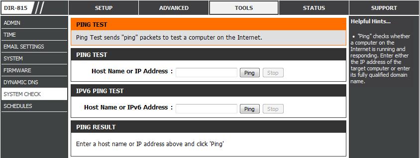 Ping Test: IPv6 Ping Test: Ping Results: The Ping Test is used to send Ping packets to test if a computer is on the Internet. Enter the IP Address that you wish to Ping, and click Ping.