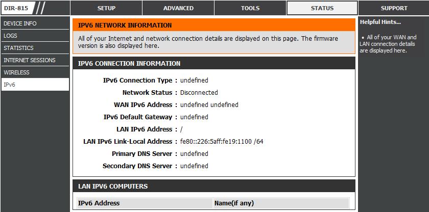 IPv6 The IPv6 page displays a summary of the Router s IPv6