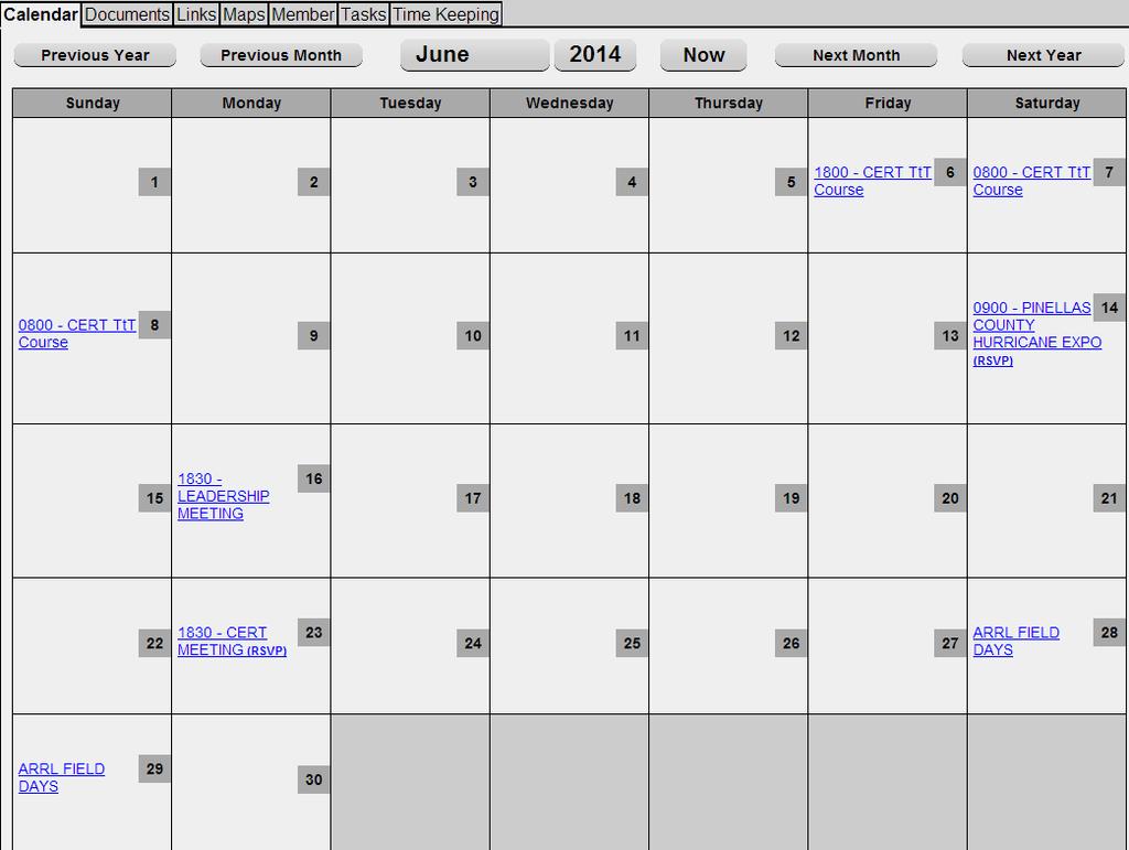 A - Calendar The calendar form shows a monthly view of the events/meetings that are part of our CERT team (See Figure 14).