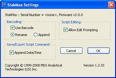 StakMax Plate Handling System User Guide Figure 5-24 The StakMax Settings window. Barcoding Select the Use Barcode check box (see Figure 5-24) in the StakMax Settings window to enable barcode reading.