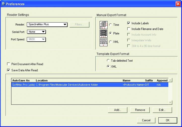 Installation and Setup of SpectraMax L instrument 2. In the Preferences window, select the preferences, and then click OK. See Figure 3-22. Figure 3-22 The SoftMax Pro software Preferences window.