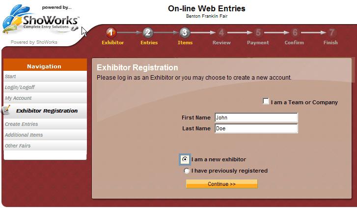 Proceed to fill out the first and last name of the person entering an exhibit. If this is the first time registering this exhibitor online then select I am a new exhibitor.