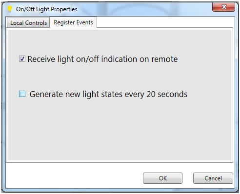 In the Light Properties Register Events tab shown in Figure 24, choose to receive light state information displayed on the 1323x-RCM LCD by selecting the Receive light on/off indication on remote