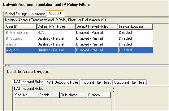 Using the NAT accounts tab the administrator can assign filters to a group of users, rather then blocking an entire interface to limit access.