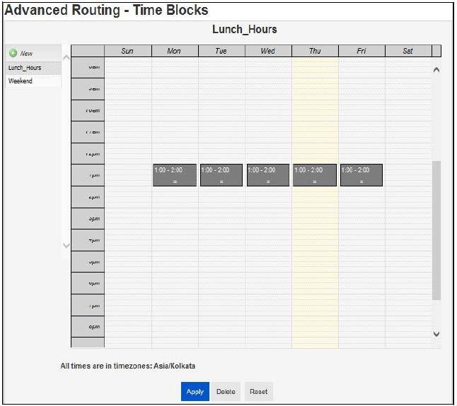 Managing Calls 1 In Advance Routing in the left navigation pane, click Time Blocks. Figure 12: Time Block 2 Click New to define a new time block.