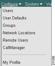 Navigating Through the Cisco Unity Express GUI Windows The voice-mail software groups the administrative tasks on a main toolbar that includes several options, each with drop-down menus.