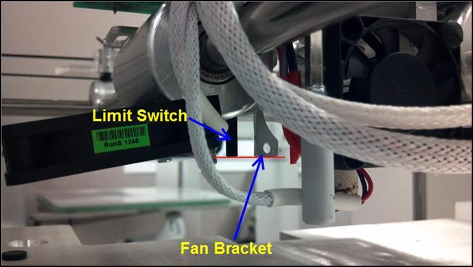 Checking that the Limit Switches are Set Correctly Z-Limit Switch The bottom of the Z-Limit switch should align with the bottom of the print jet fan brackets.
