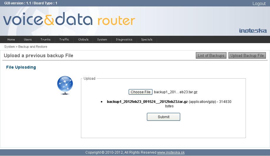 To backup actual configuration of Voice&Data Router click on the Create New Backup button. New backup file is stored in the file system.