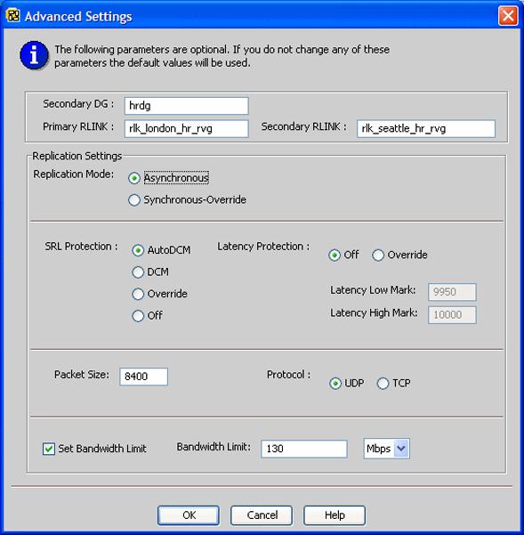 Administering VVR using VVR VEA Setting up replication using VVR VEA 301 12 To change the replication settings, complete the Advanced Settings dialog box as follows, or go to the next step.