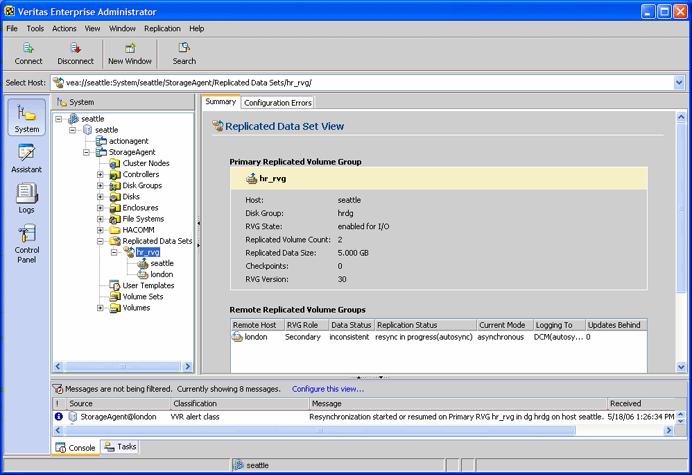 Administering VVR using VVR VEA Viewing replication information using VVR VEA 313 Using the RDS view (using VVR VEA) Use the RDS view to get detailed information about a selected Replicated Data Set