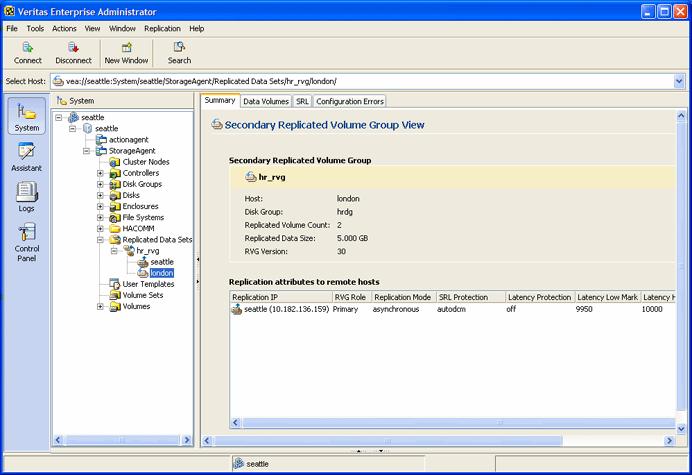 Administering VVR using VVR VEA Viewing replication information using VVR VEA 317 Figure 10-5 Secondary RVG view Information displayed in the Primary RVG view and the Secondary RVG view (using VVR