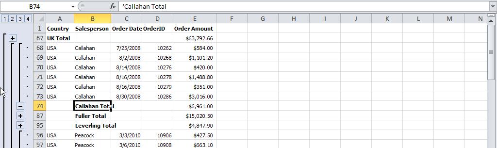 Viewing Grouped and Outlined Data When you have added groups or created an outline, either manually or automatically, Excel includes several features to make it easy to view different parts of the