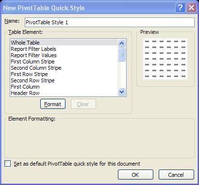 Shown here is the New PivotTable Style dialog box.