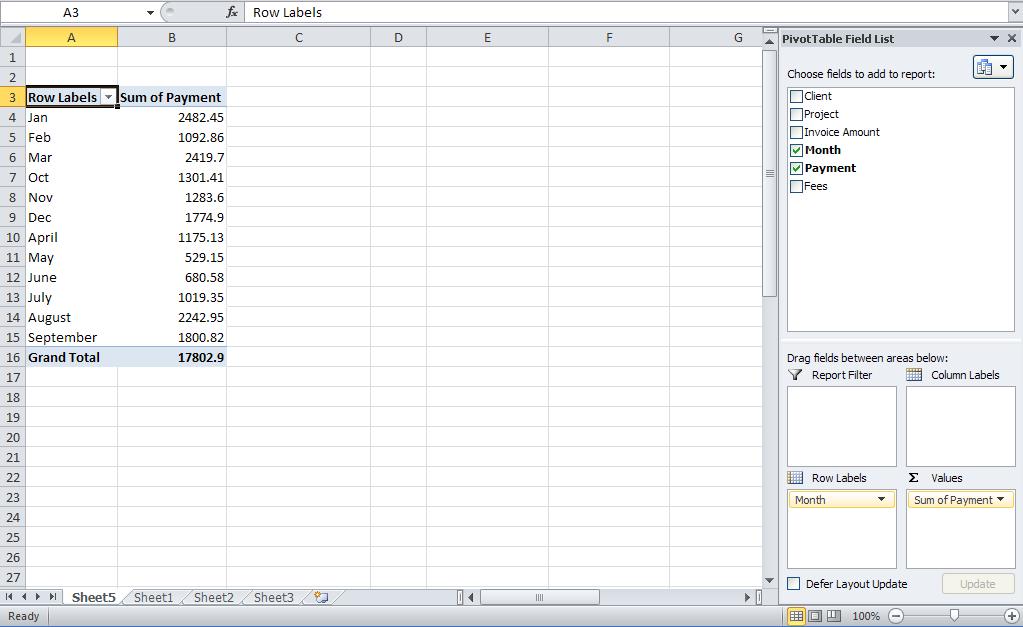 Now find out the sum of payments by month. In reallifeexample2.xlsx, what are the order amounts for each salesperson?