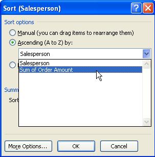 In the Sort dialog box, select Ascending (A to Z) by Sum of Order