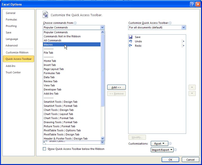 3. In the Choose Command From drop down list, select Macros.