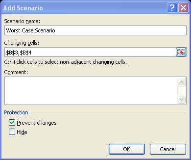 4. In the Edit Scenario dialog box, enter a Scenario Name. 5. In the Changing Cells field, enter (or select from the worksheet) the multiple cells of changing values in the first scenario.