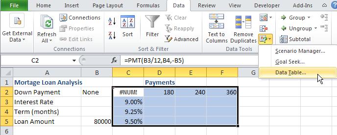 Select the range that includes data table values, the formula, and the area where Excel will display the results.