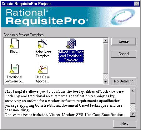 3. Select a Rational RequisitePro Project template from which to create your new RequisitePro project 4. The Rational RequisitePro Project Properties dialog is presented.