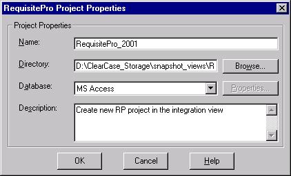 Note: the location for the RequisitePro project must be the shared UCM integration view created in Rational ClearCase setup step.