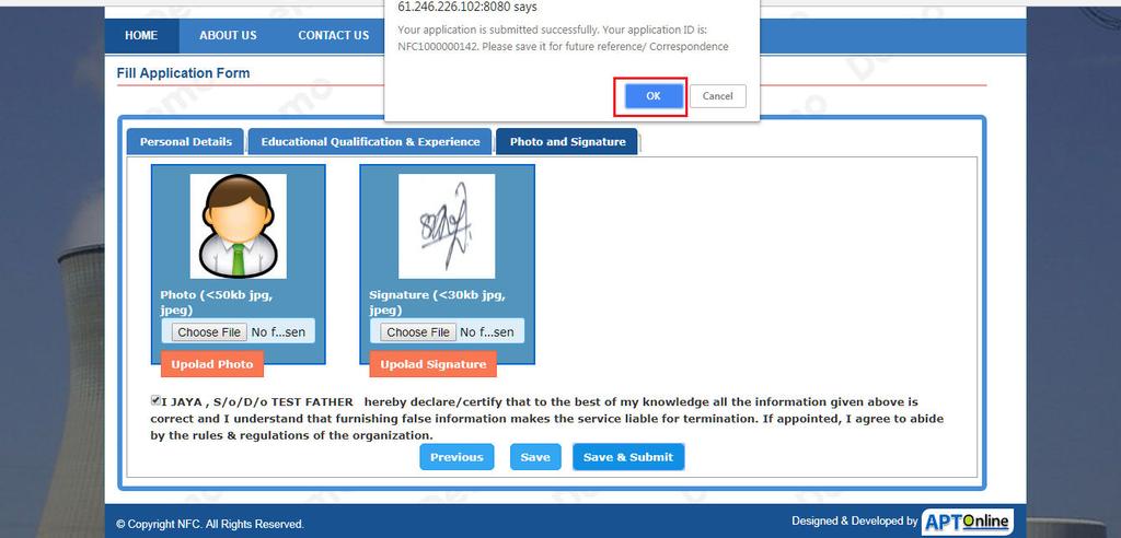 Click on OK button for generation of receipt towards Application Form as shown below.