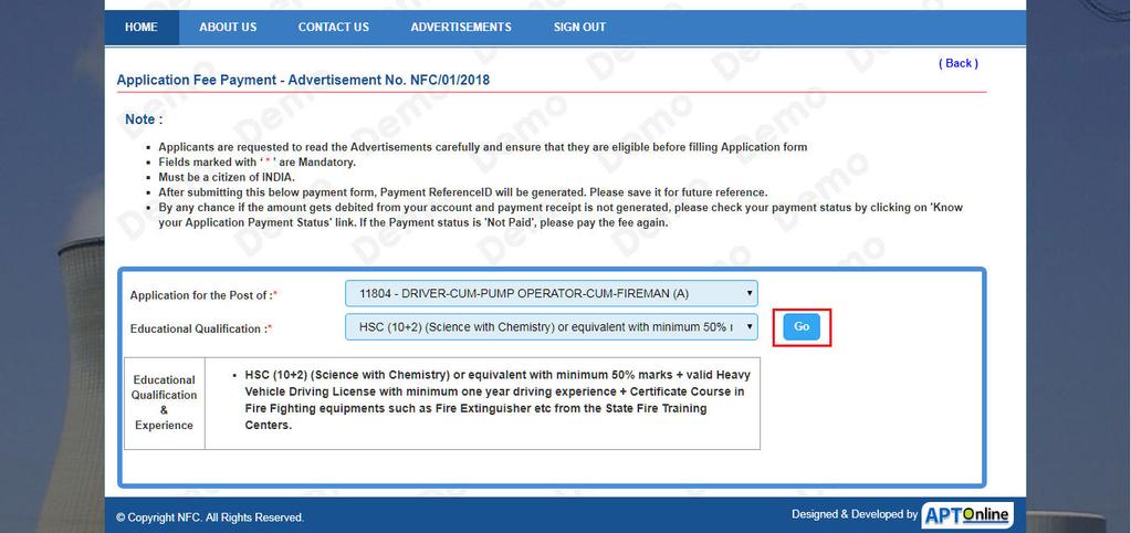 Step 1: Application Fee Payment Click on Application Fee Payment link for paying the Application Fee as shown below.