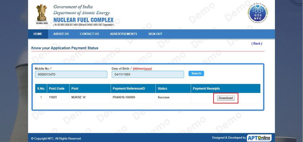After clicking Search button, the following screen will be displayed. Click on Download button for Downloading Fee Payment Status Form as shown below.