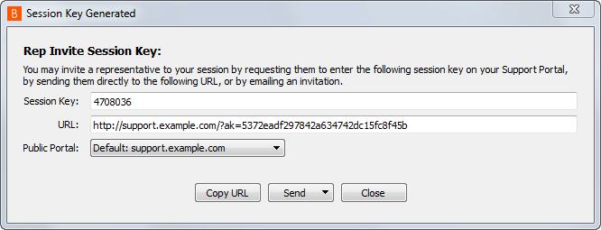 Click Create Key, and a new dialog containing the session key and direct URL will appear. Click the Send button to select how to send the session key to the external User.
