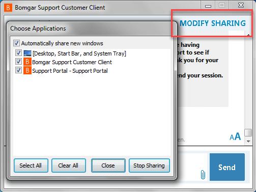 After screen sharing is granted, the application selection window can be accessed by clicking the