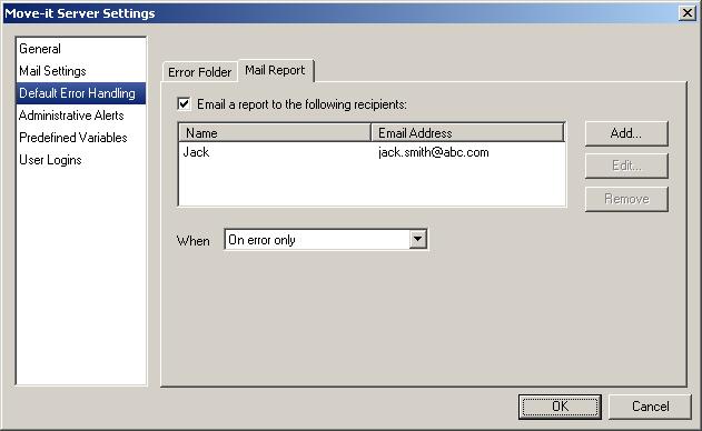 Figure 13 Server Settings Default Error Handling (Mail Report) Important If none of the above Default Error Handling options are enabled, a file which errors out will be deleted.
