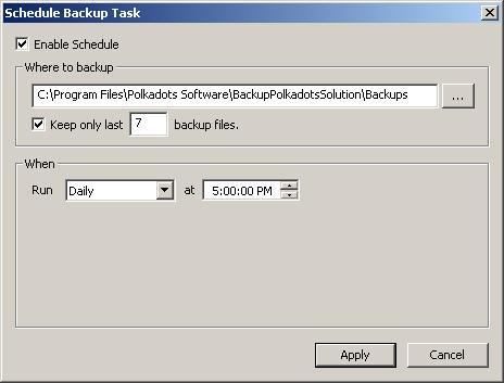 To do a backup of Move-it on a regular basis, click the Schedule Backup Task button. Then in the dialog box that opens, check the Enable Schedule checkbox and provide the required information.