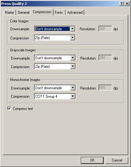 Figure 55 PDF Configuration - Compression COMPRESSION The Compression tab (shown in Figure 55 above) allows you to set the downsampling and compression of color images, grayscale images and