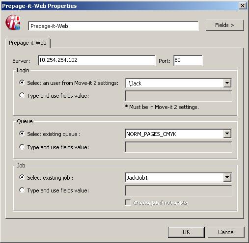 PrePage-it Web Figure 73 PrePage-it Web Properties This action provides an alternative way of uploading files to the PrePage-it Web application. It has no use in a workflow without PrePage-it Web.