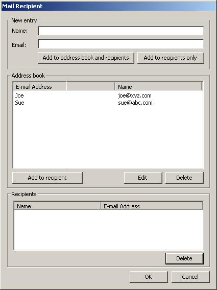 Mail Recipient & Address book Recipient s e-mail addresses are specified from the Mail Recipient window. In addition, you may also add e-mail addresses to the Address Book permanently.