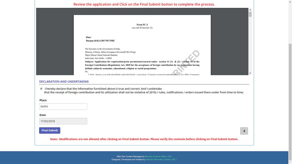 2.1.11 FCRA Prior Permission-Final Submit Select Check box and enter place in down textbox