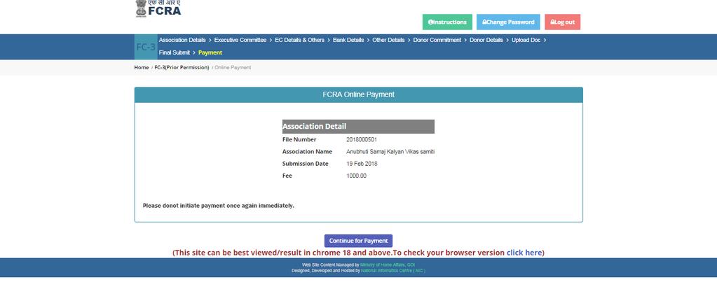 2.1.12 FCRA Prior Permission-On line payment After clicking on Make Online