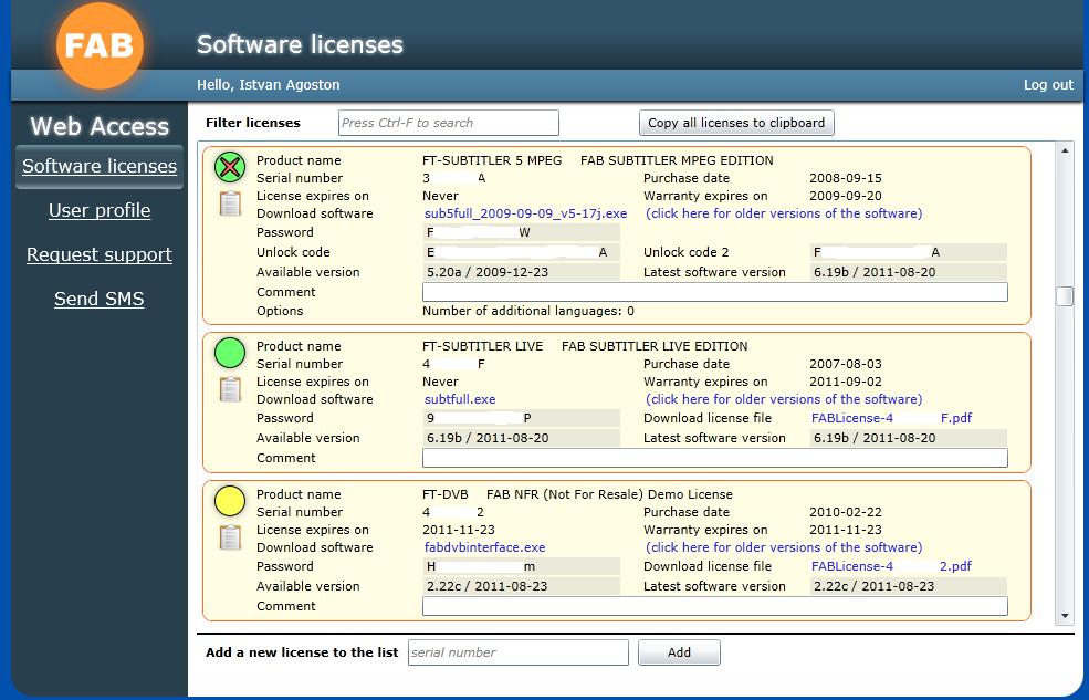 After logging in, the user is presented with a list of registered licenses.
