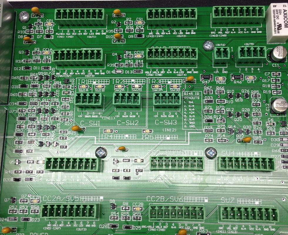 8-pins, and are located behind the RJ-45 blocks on the top half of the board for DSP1, and on the bottom half of the board for DSP2.