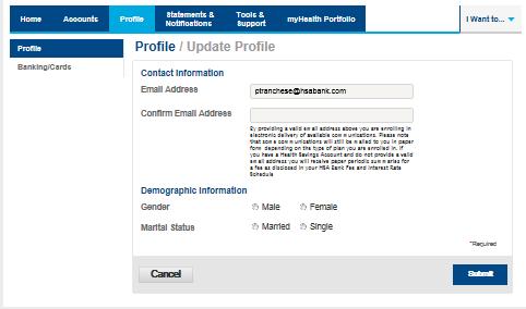 Update Profile Click the Update Profile link to update your email or to enter your marital status and/or gender.