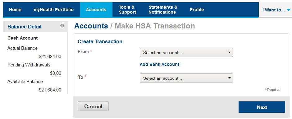 I Want To Pay Bill/Contribute (Contribution/Withdrawal) From the buttons under your account balance(s), select Pay Bill/Contribute. This feature can be used to transfer funds to or from your HSA.