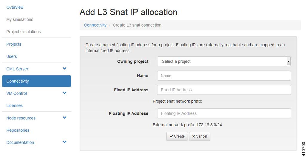 Layer 3 SNAT IP Address Allocations FLAT Network Name Fixed IP address Owning Project Choose a FLAT network from the drop-down list. Enter a name for the new port connection.
