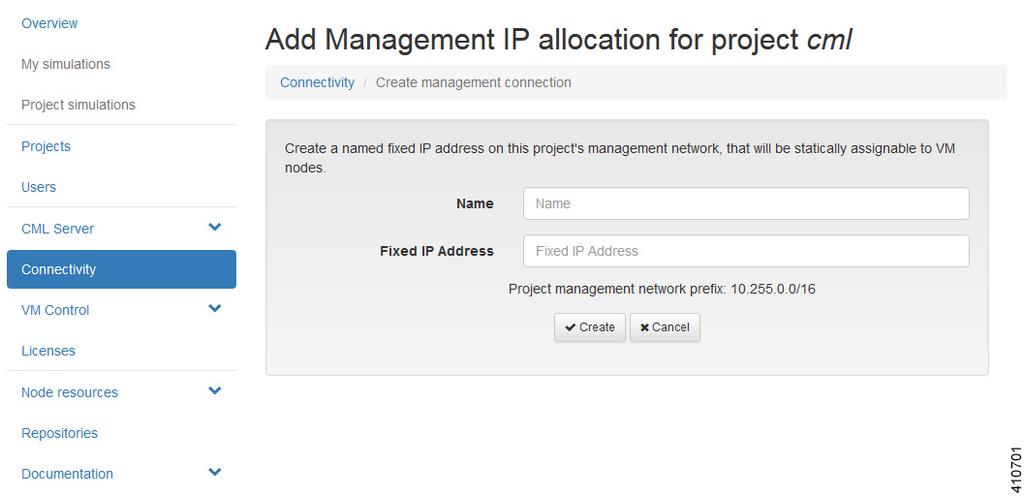 Using the VM Control Tool (Admin User) Connection Type Project Management Field Floating IP Address Name Enter a custom IP address from the range defined by the prefix displayed, or to have an