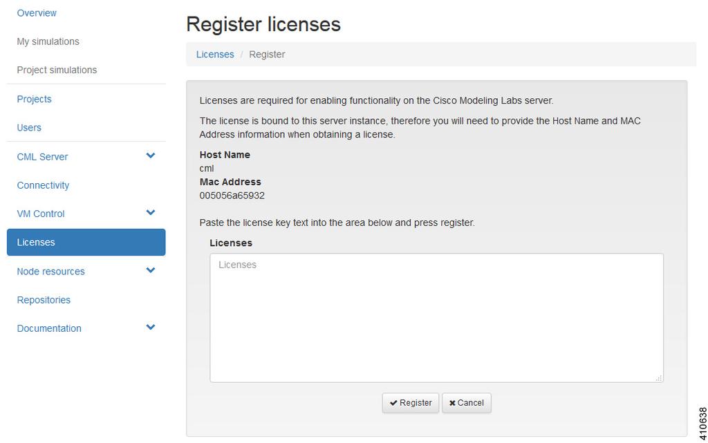 Register a Cisco Modeling Labs License The Register licenses page appears.