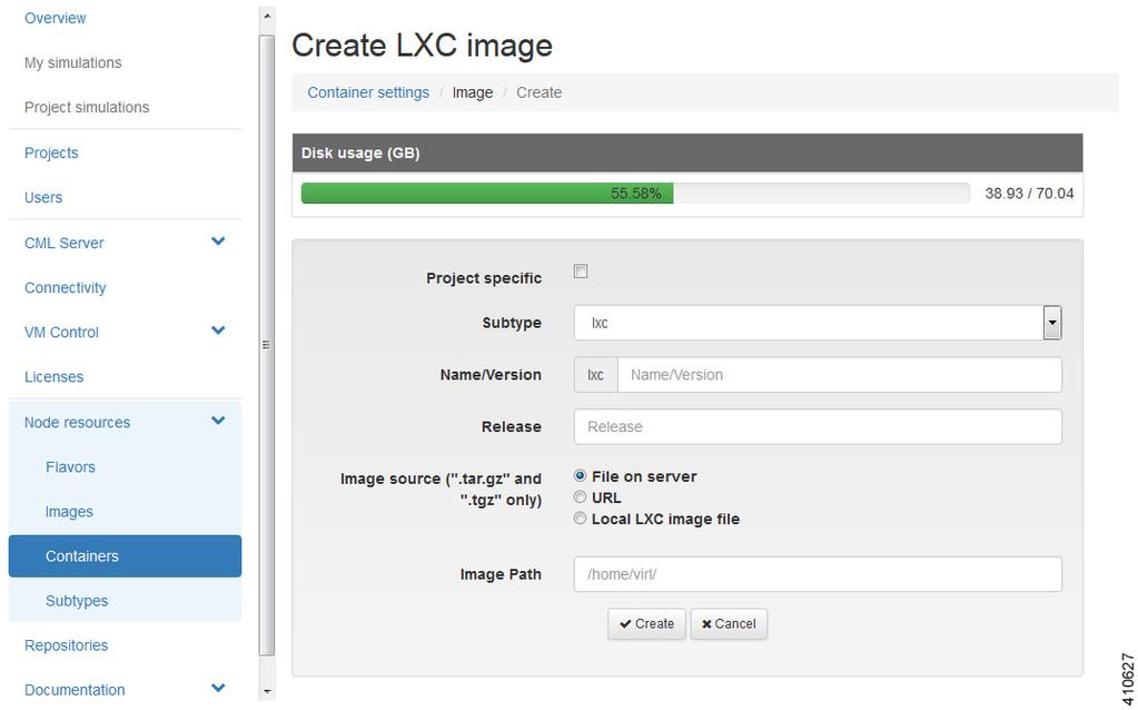 Containers Step 2 The Containers page, which lists all of the available LXC images and templates, appears. Click Add to create a new LXC image. The Create LXC Image page appears.