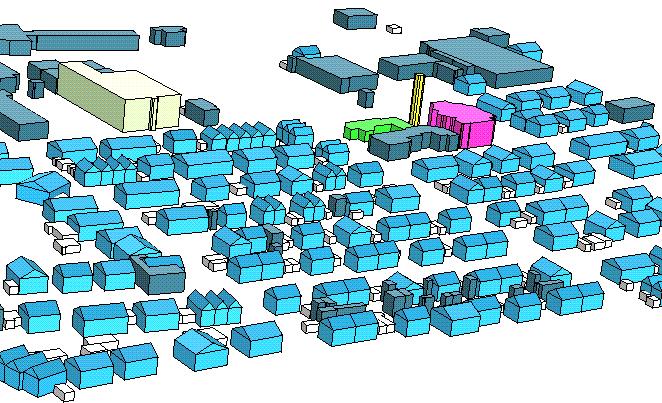 Figure 3: 3D building hypotheses based on the digital cadastral map roof, the buildings are classied (e.g. garage, residential building, oce block, industrial building, church, tower) by analysing the text information contained in the digital cadastral map.