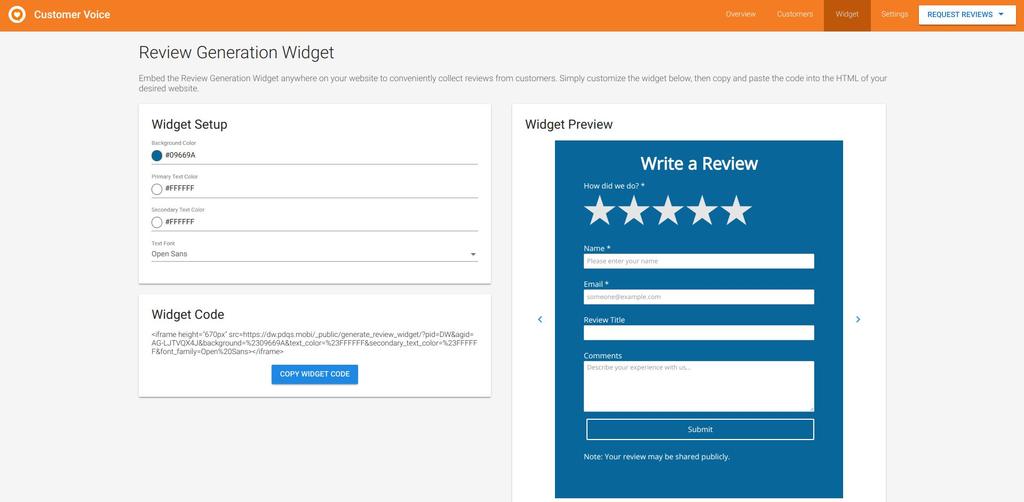 Review Widget Embed the Review Generation Widget anywhere on your website to conveniently collect reviews from